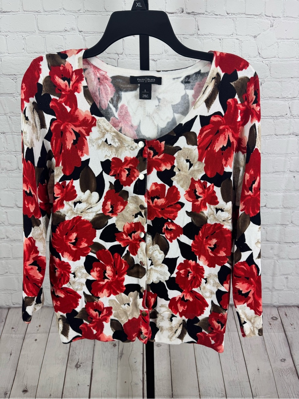 White House Black Market Floral Snap Front Cardigan Sweater Red Black Large